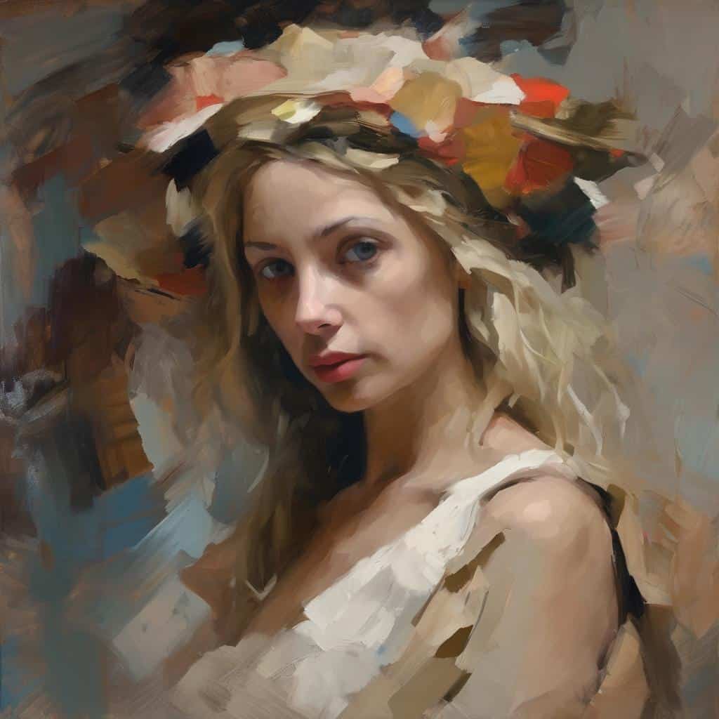 Ζωγραφικό πορτρέτο γυναίκας με ρεαλιστικό και ρομαντικό στοιχείο, αντίθεση ρεαλισμού και ρομαντισμού, τέχνη κατάλληλη για φιλότεχνους.