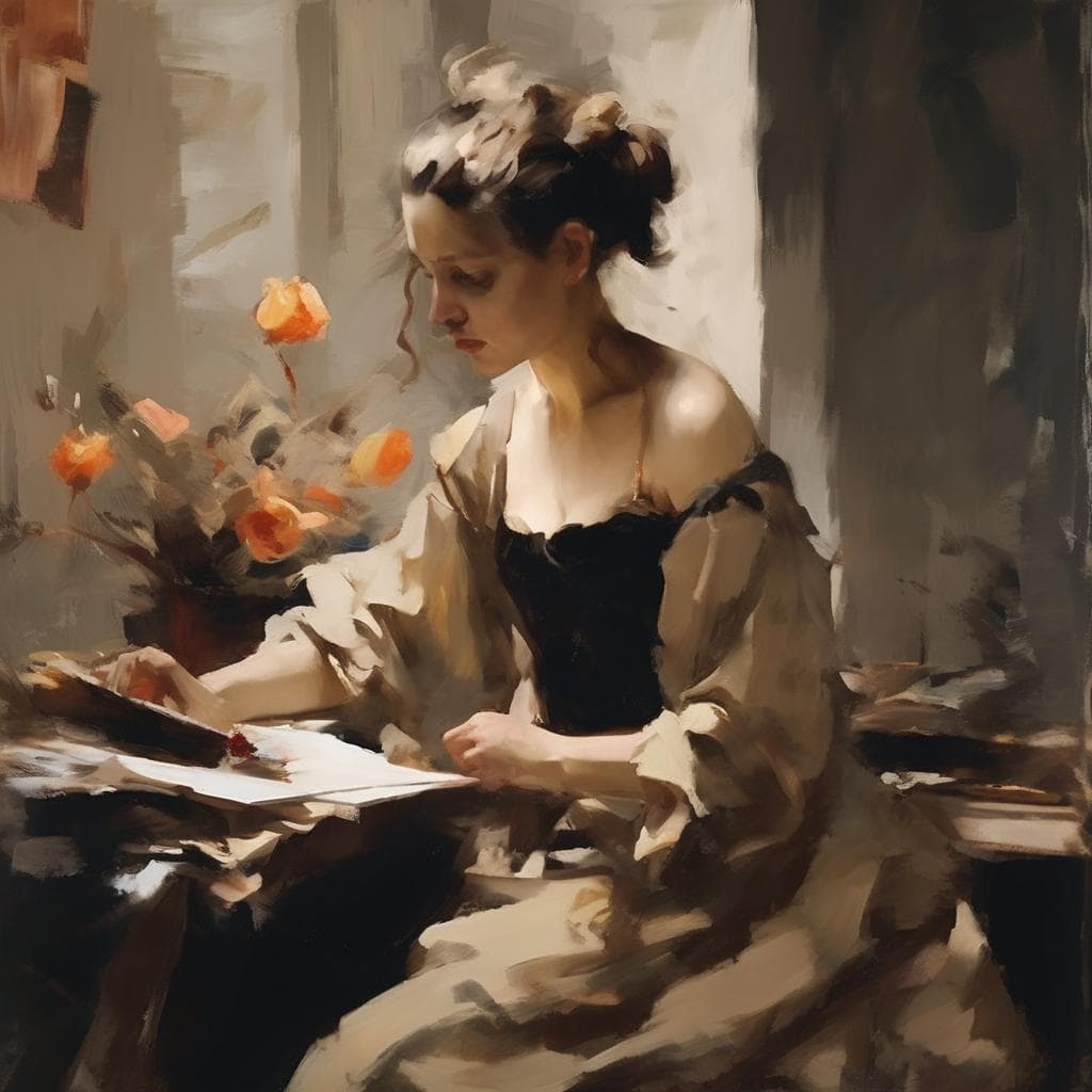 Γυναικεία πορτρέτο μέσα σε ατμοσφαιρικό δωμάτιο, ζωγραφική σε στυλ ρεαλισμού και ρομαντισμού.
