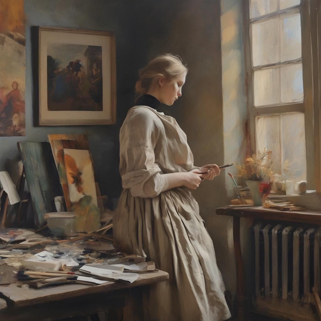 Αντίθεση ρεαλισμού και ρομαντισμού στην τέχνη, νεαρή καλλιτέχνιδα σε ανοιξιάτικο εργαστήριο.