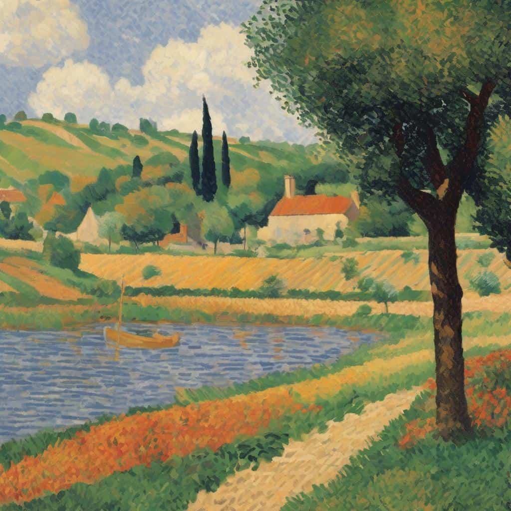 Οπτική τέχνη, Ρομαντισμός και Ρεαλισμός, τοπίο με ποτάμια, δέντρα και σπίτια, ζωγραφική, τέχνη επισκόπησης, παραδοσιακή, εντυπωσιακή φύση σε καμβά.