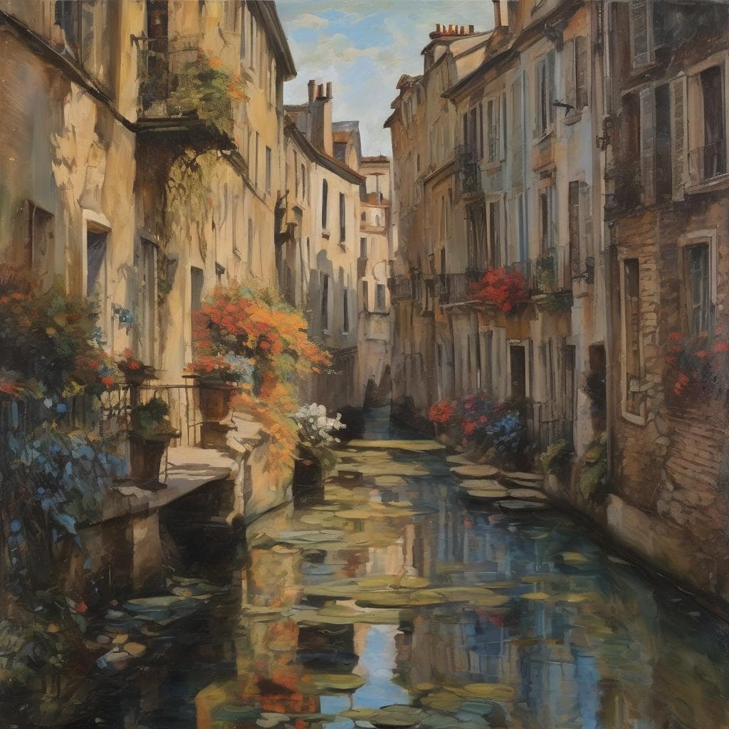 Ρεαλισμός και Ρομαντισμός σε βουκολική εικόνα παλιάς πόλης με κανάλι και λουλούδια σε ζωγραφική τεχνική.