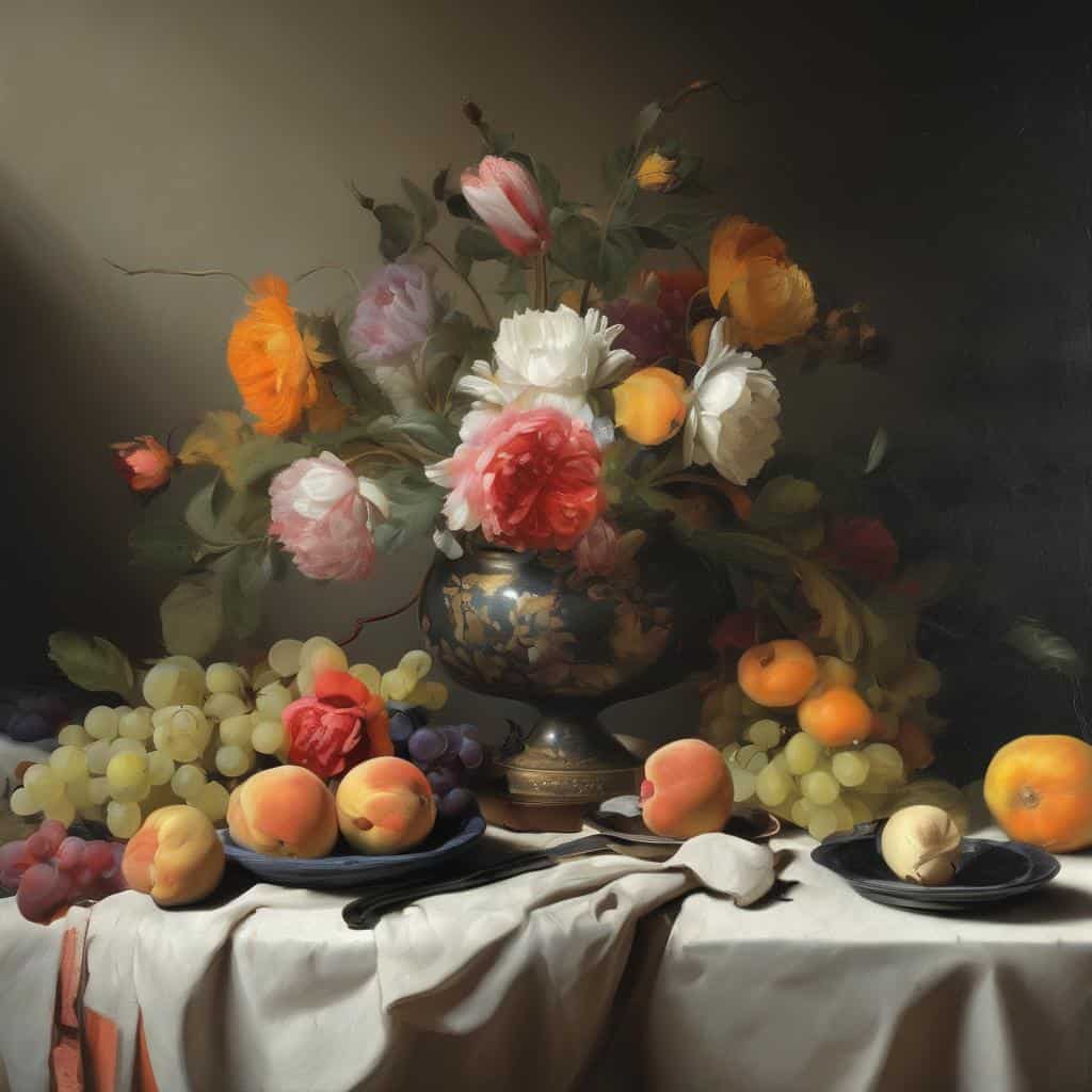 Ρομαντισμός και ρεαλισμός σε αντίθεση, still life με φρούτα και λουλούδια σε κλασικό στυλ.