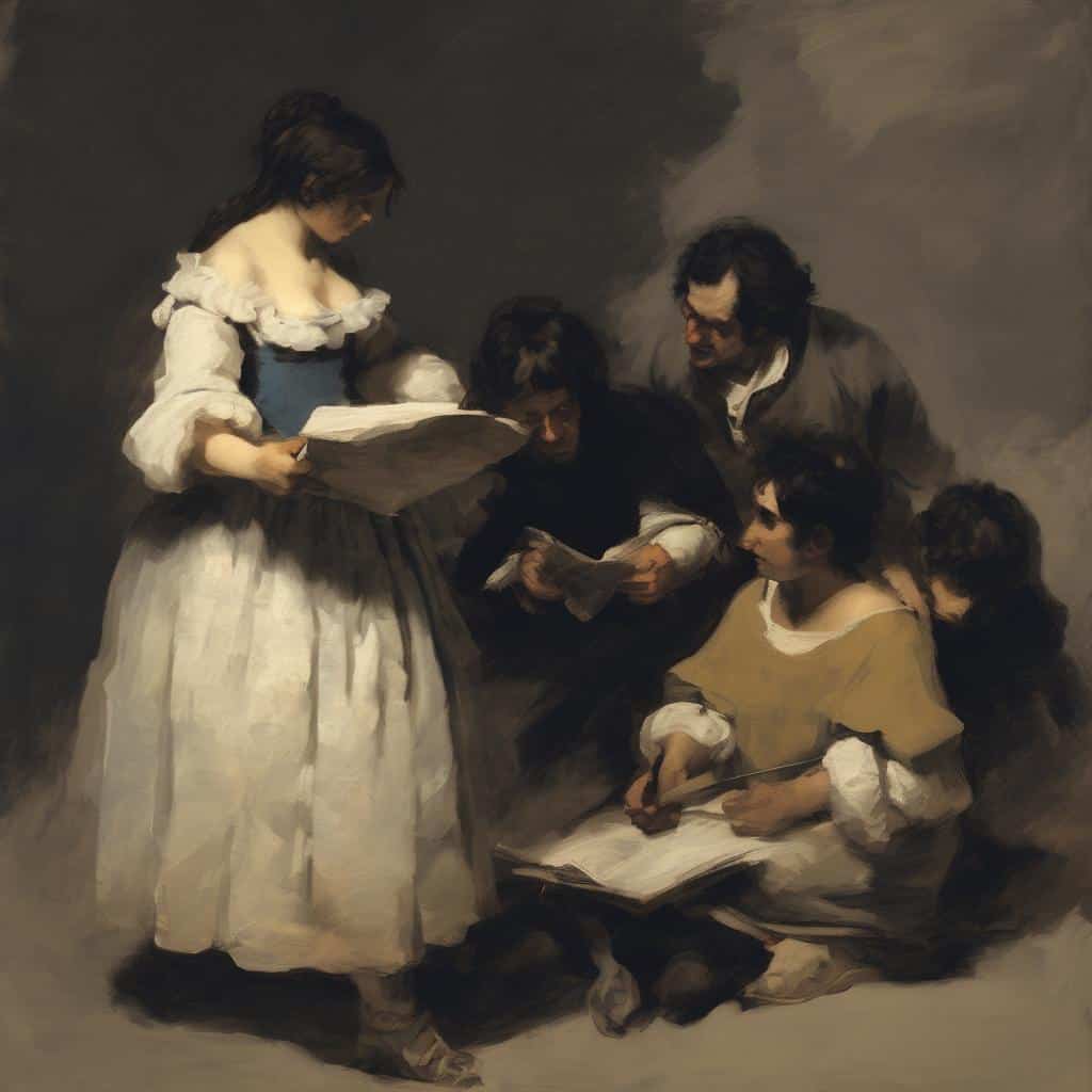 Χαρακτηριστικό πίνακα ρεαλισμού και ρομαντισμού, με πέντε ανθρώπους συζητούν και διαβάζουν, αναδεικνύοντας την αντίθεση και την αρμονία των δύο ρευμάτων.