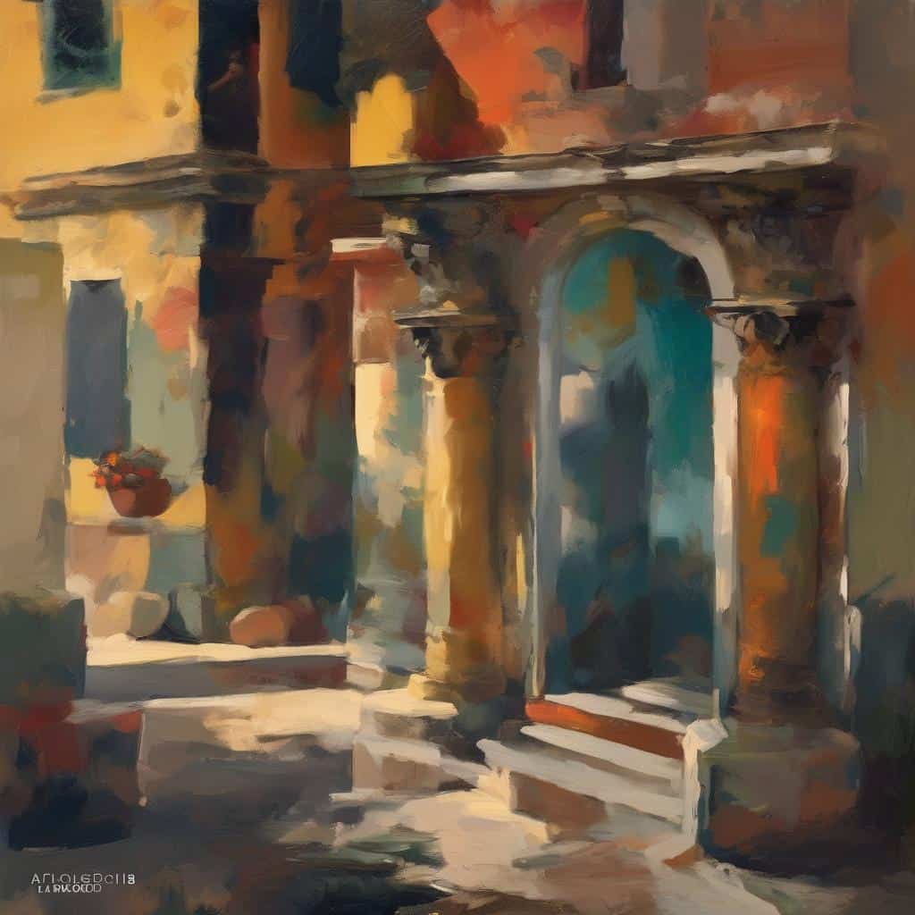 Παράθυρα και στήλες με ρομαντική και ρεαλιστική τέχνη, αναπαριστώντας αντιθέσεις στο έργο τέχνης.